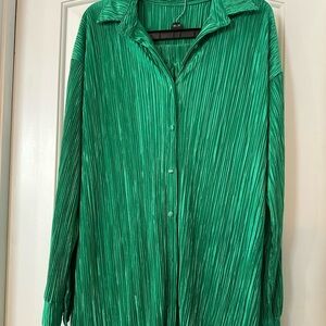 Green Pleated Button-Up Shirt